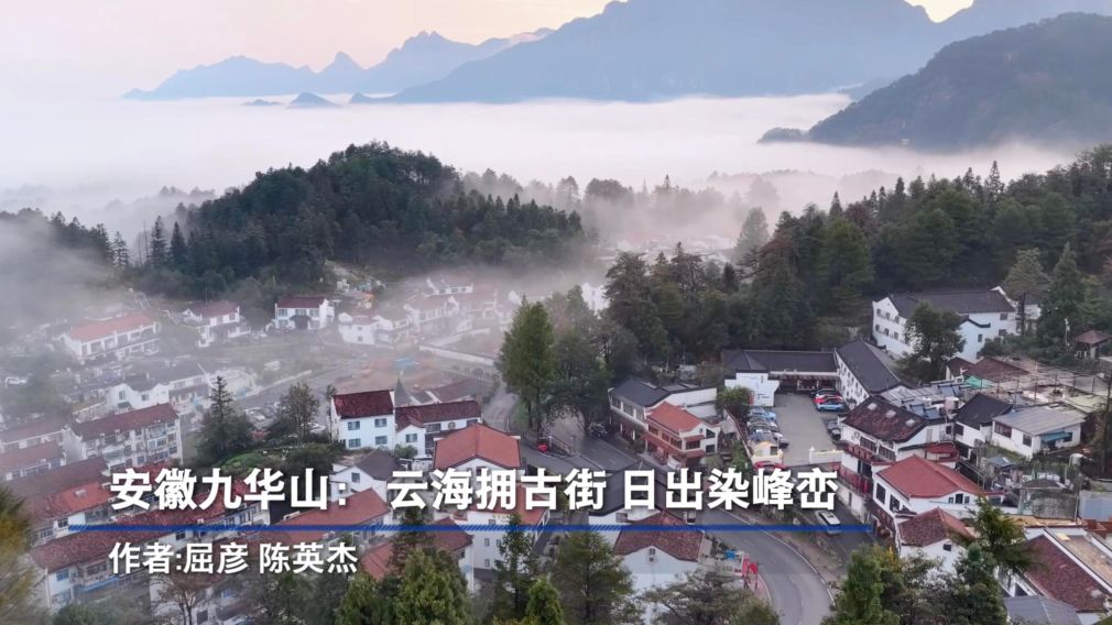 安徽九华山：云海拥古街 日出染峰峦